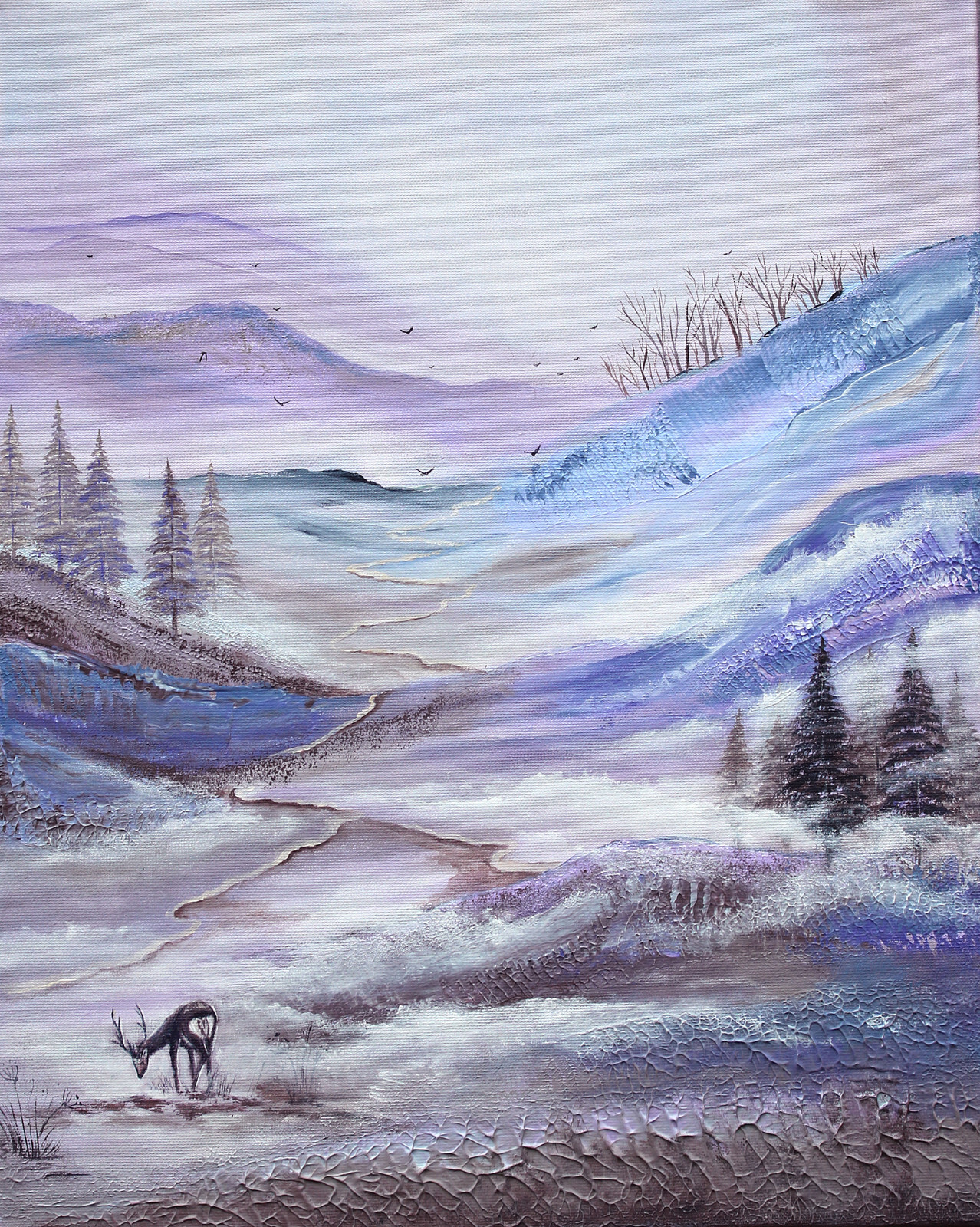 Blue purple landscape painting Deer wall art