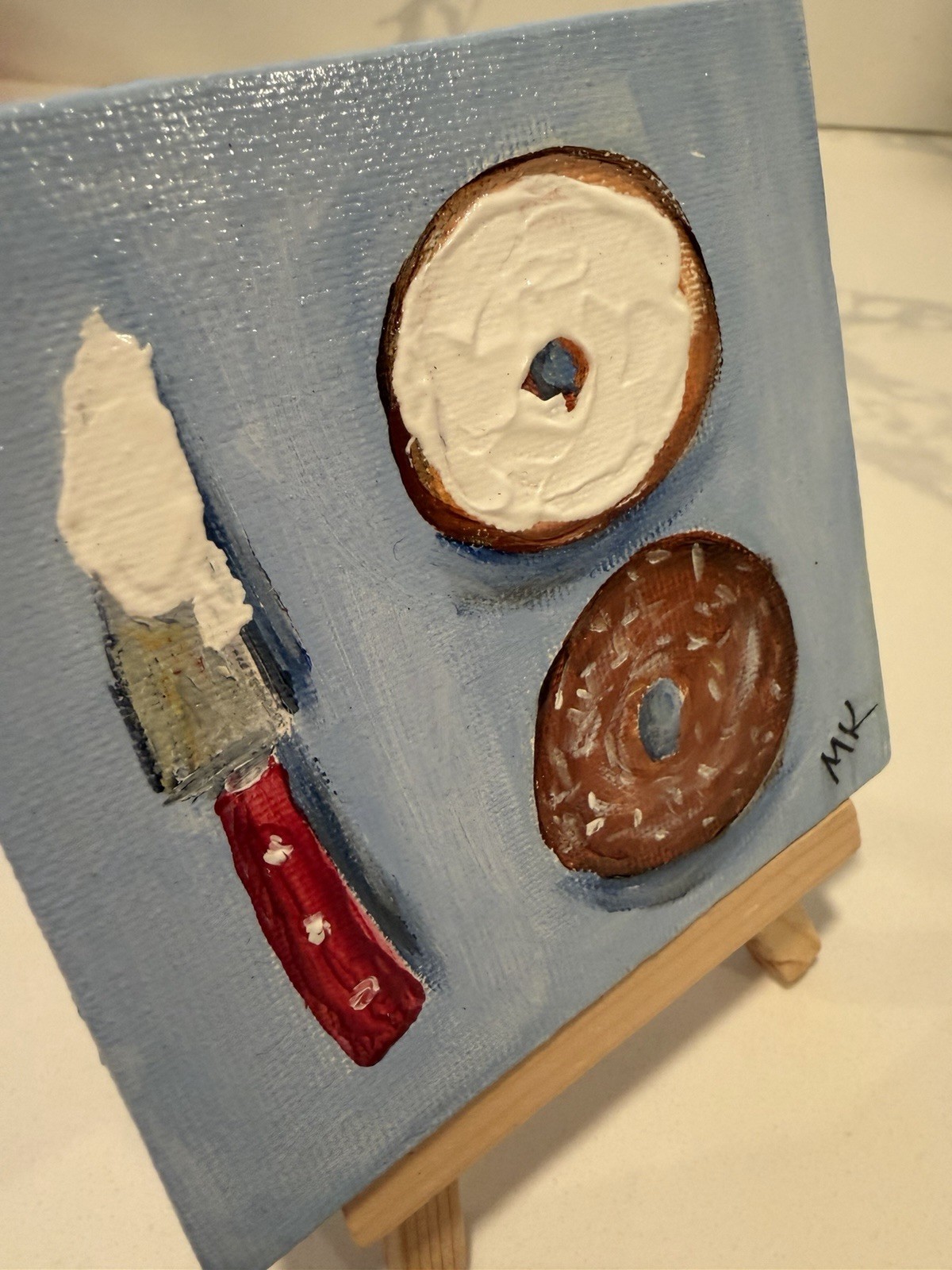 Bagel With Cream Cheese Original 4×4 Acrylic Painting On Canvas-Kitchen Food Art