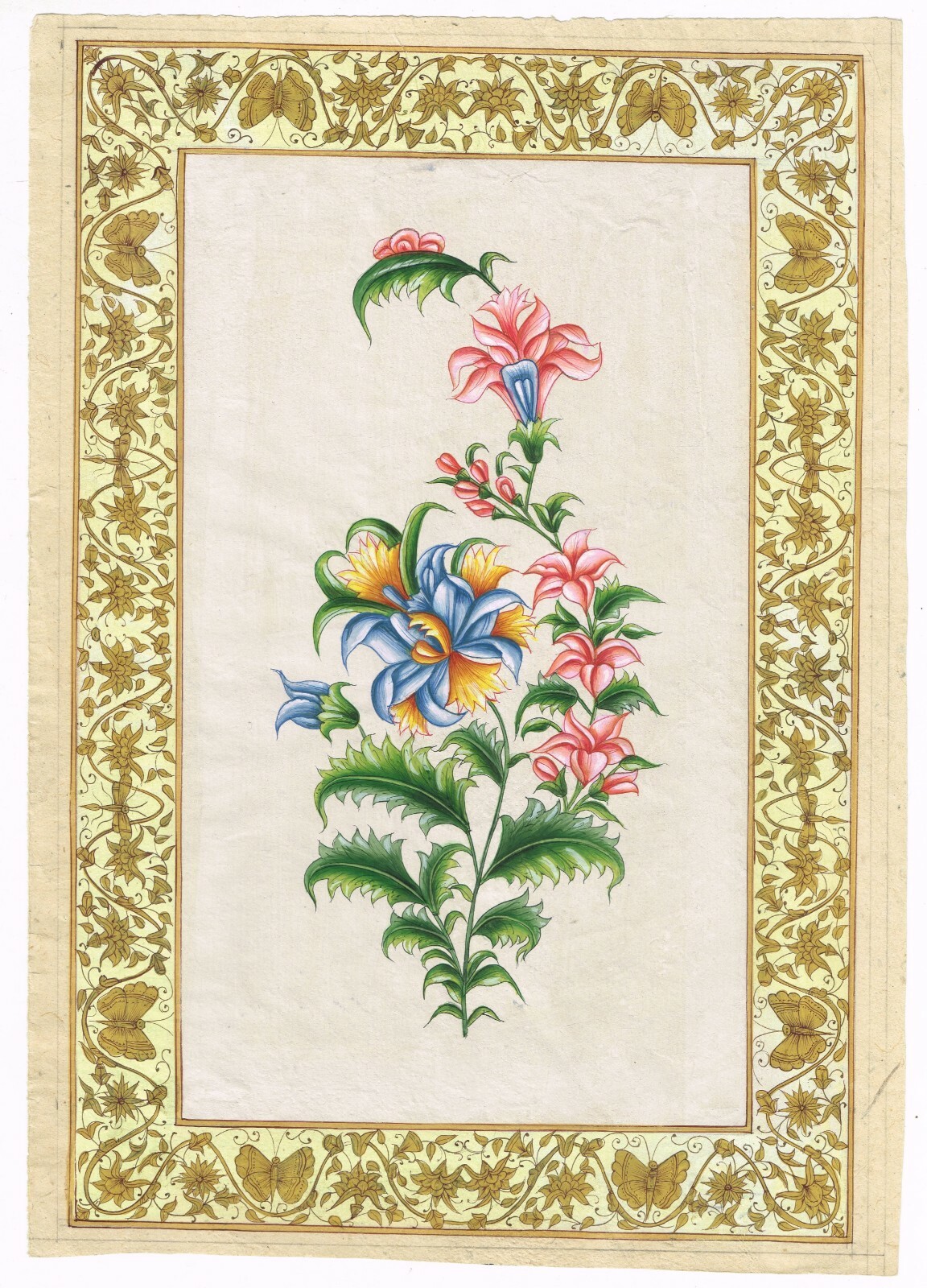 Floral Painting Hand Miniature Art On Paper Gold & Gouache Pigments 8×12 Inches