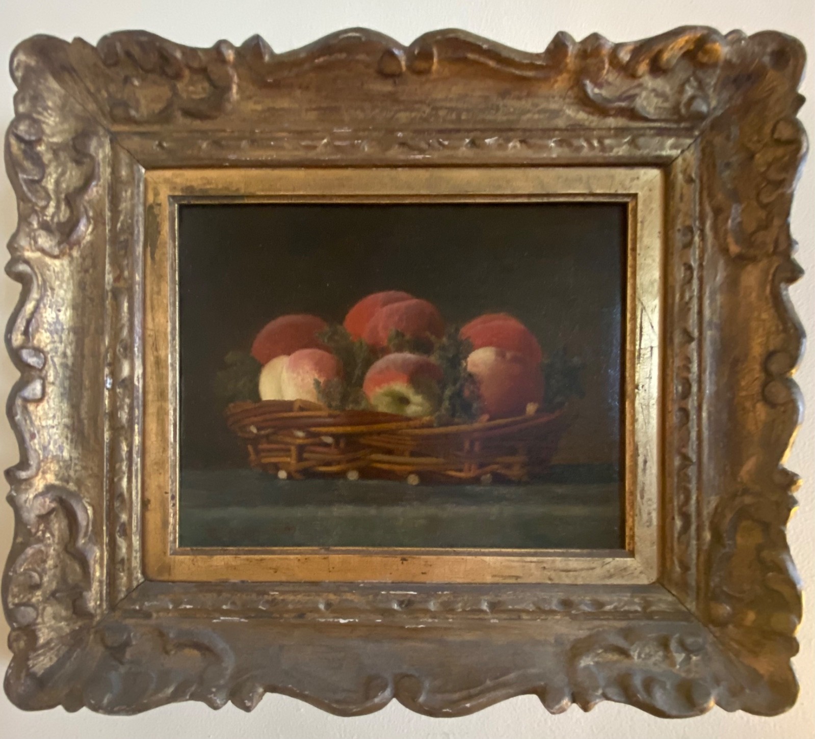 Elegant antique oil painting by w. Cotton 1899 still life of peaches in basket