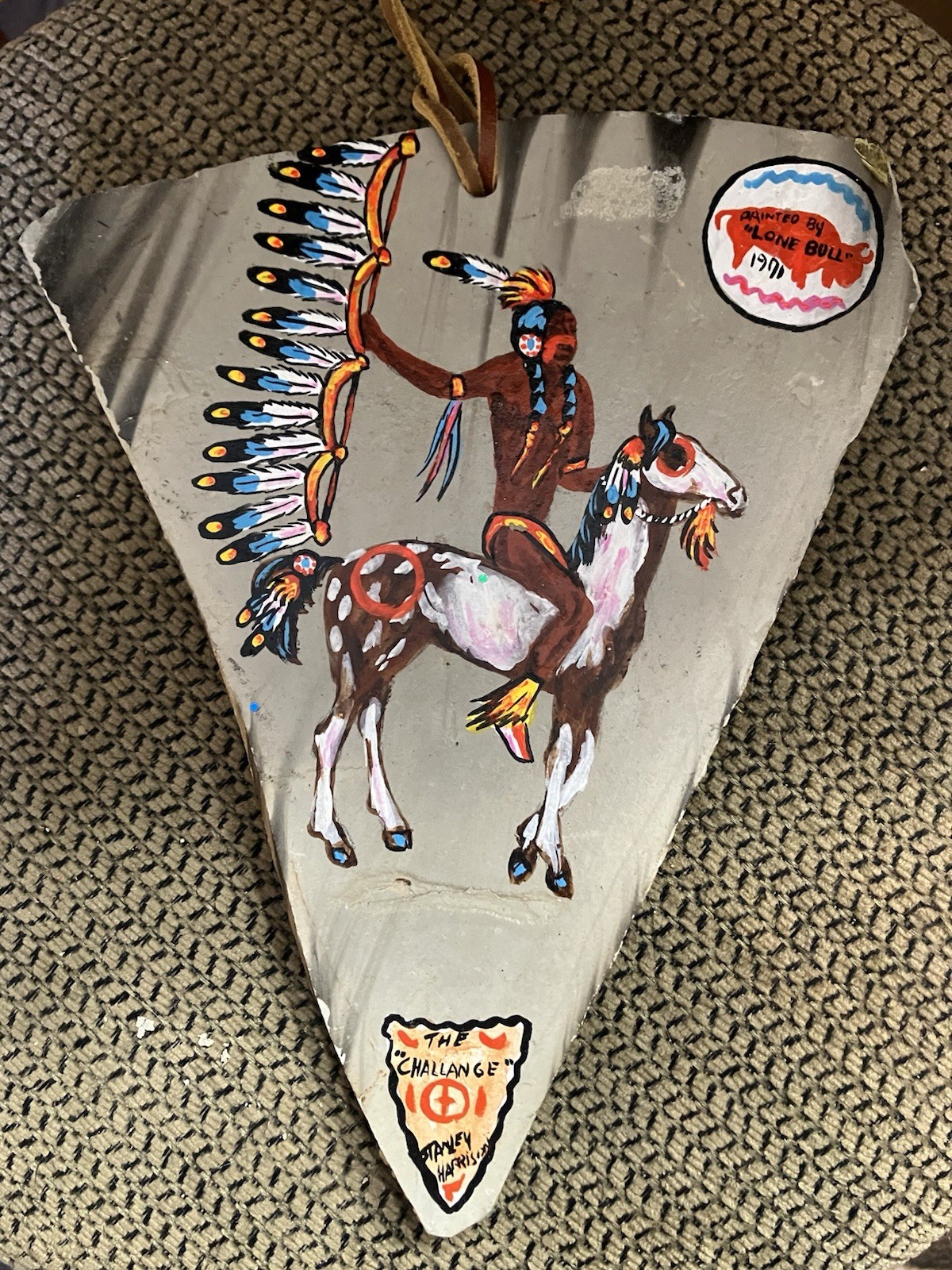 The Challenge Vtg Native American Painting Slate Lone Bull Stanley Harrison 1971