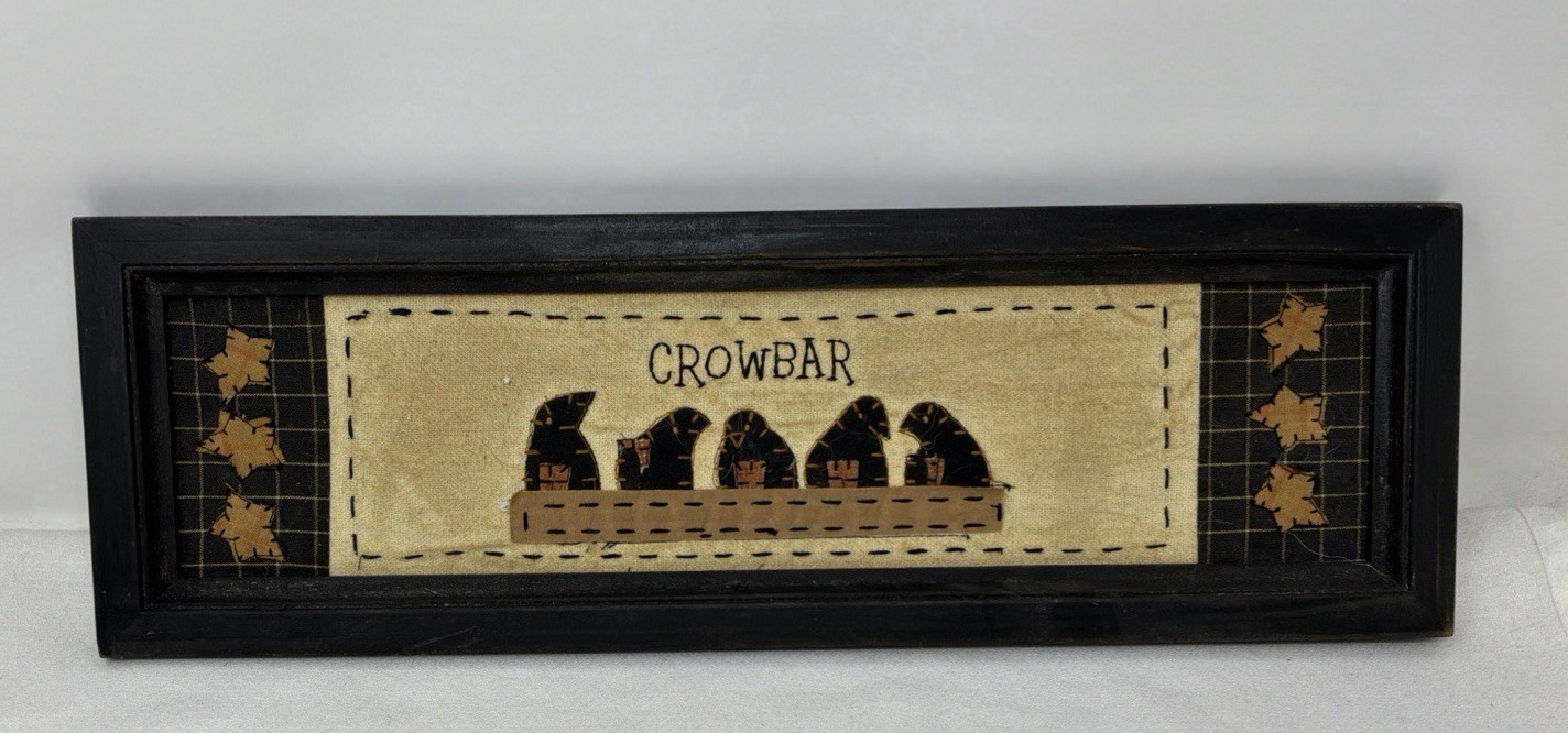 Vintage Primitive CROWS Stitched Folk Art Painting Framed 6″ x 18″
