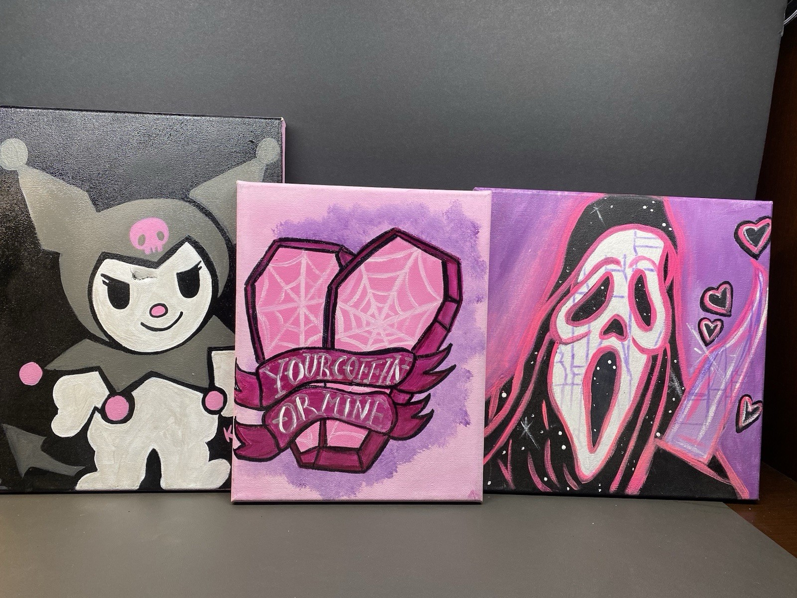 Pink Ghost Face/ Kuromi/ Coffin Pop Art Handmade Acrylic Canvas Paintings Lot