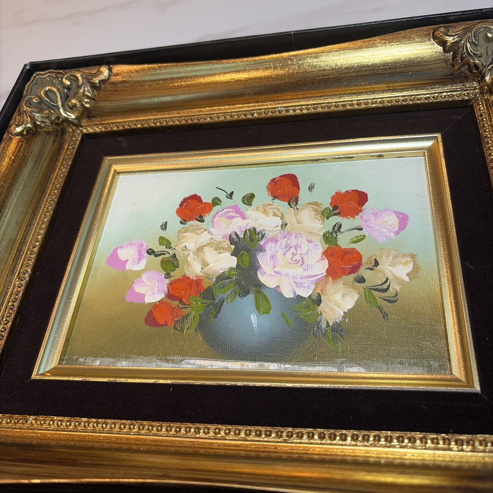 Vintage Floral Still Life Oil Painting in Gold ornate frame roses