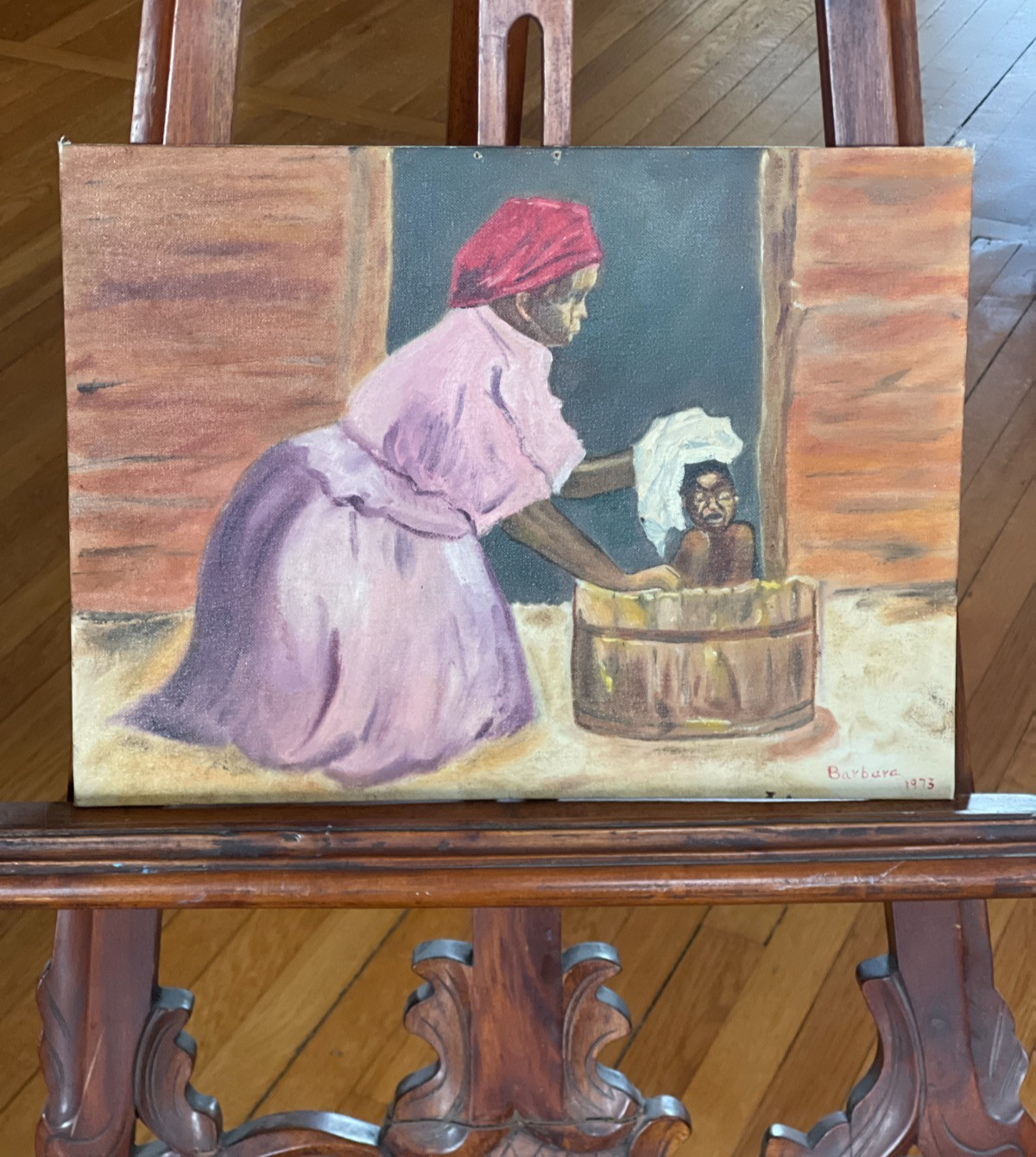 Original 1973 Vintage African American Southwest Folk Art Oil Painting Barbara W