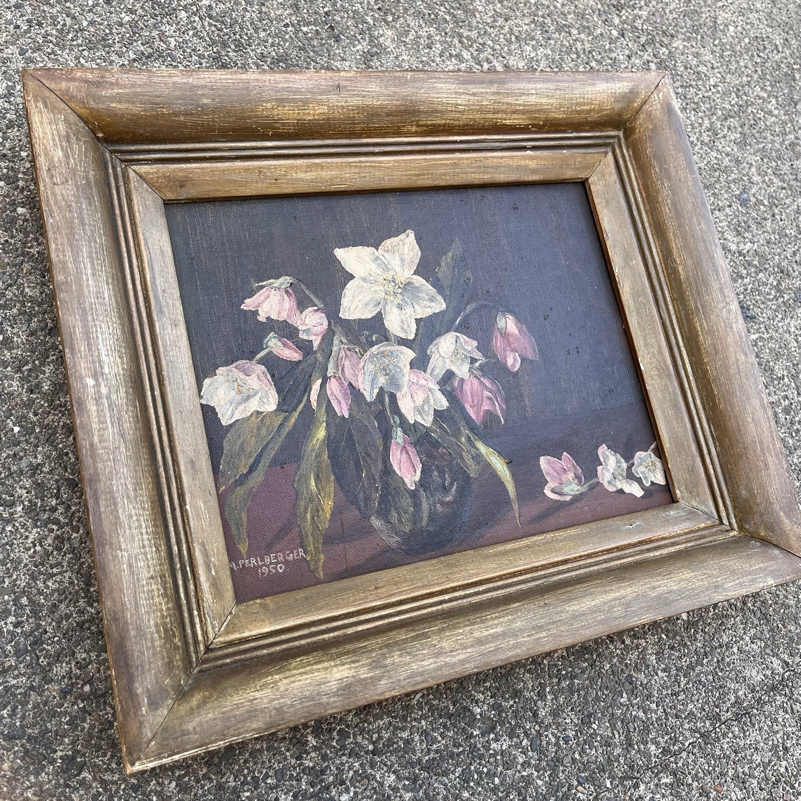 Vtg 1950 MCM Original Oil Painting Signed M. Perlberger Floral Still Life 12×14