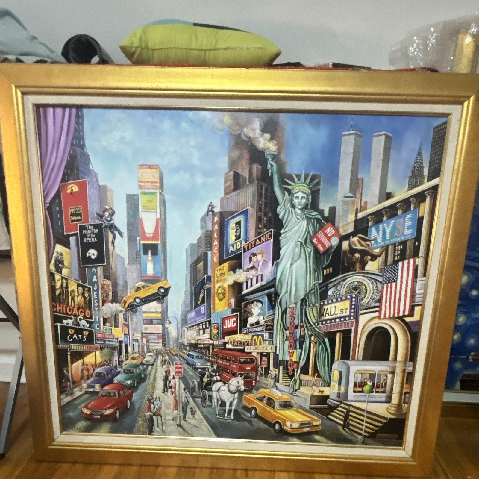 Large Framed Realism Painting New York Times Square Cityscape, Single Piece