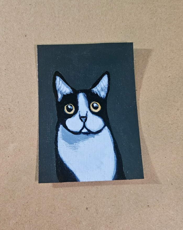 ACEO Tuxedo Cat Mini Painting Original Cat Artwork Signed Acrylic Kitten Art