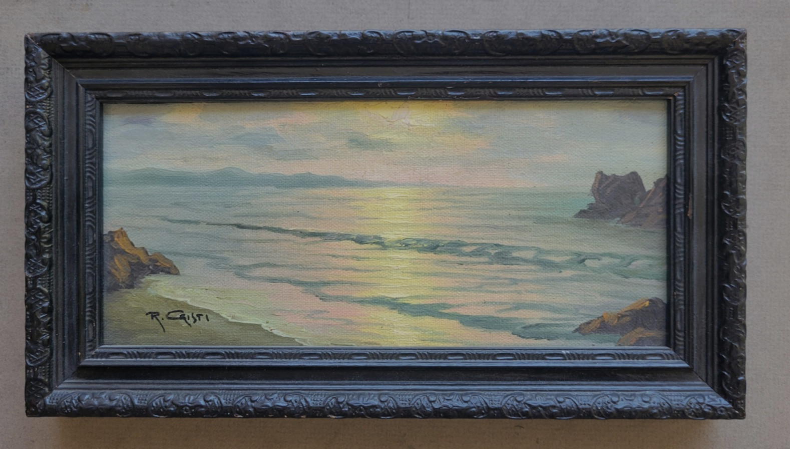 VINTAGE PAINTING…BEAUTIFUL SEASCAPE,GREAT SKY SUNSET OR SUNRISE by R. CRISTI