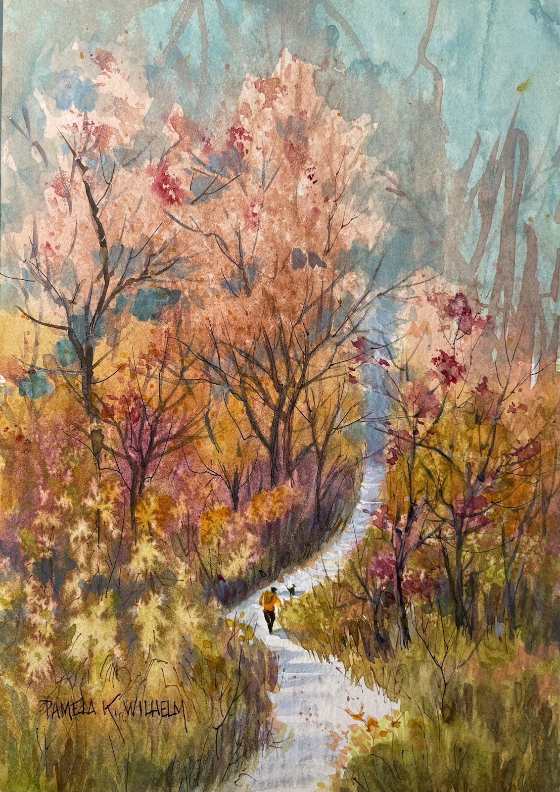 Pamela Wilhelm original 6”x8” Watercolor Dog Man Trail Walk Autumn Hills Orange