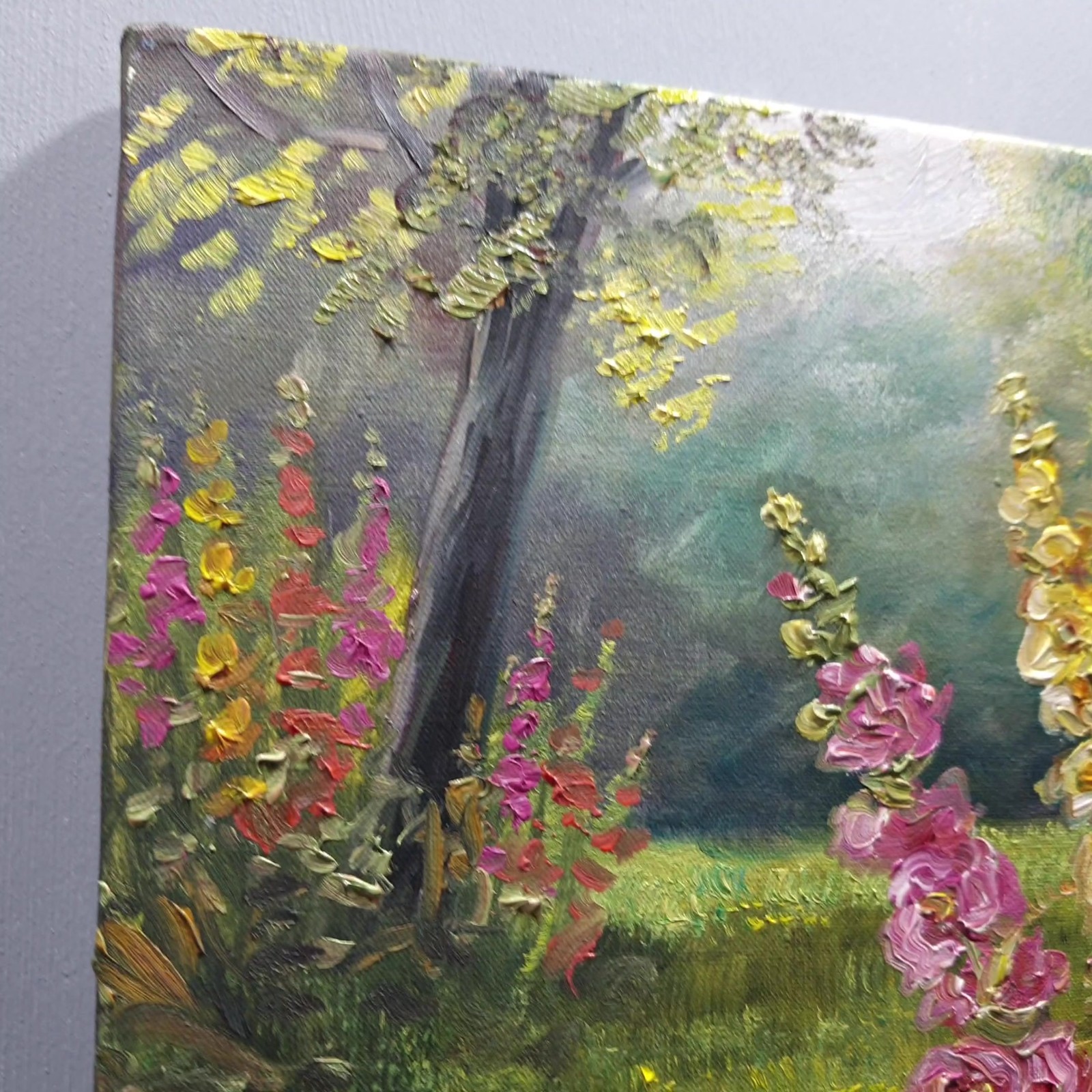 Colorful Hollyhocks Oil Painting Original Garden Flowers Wall Art Canvas 10×10
