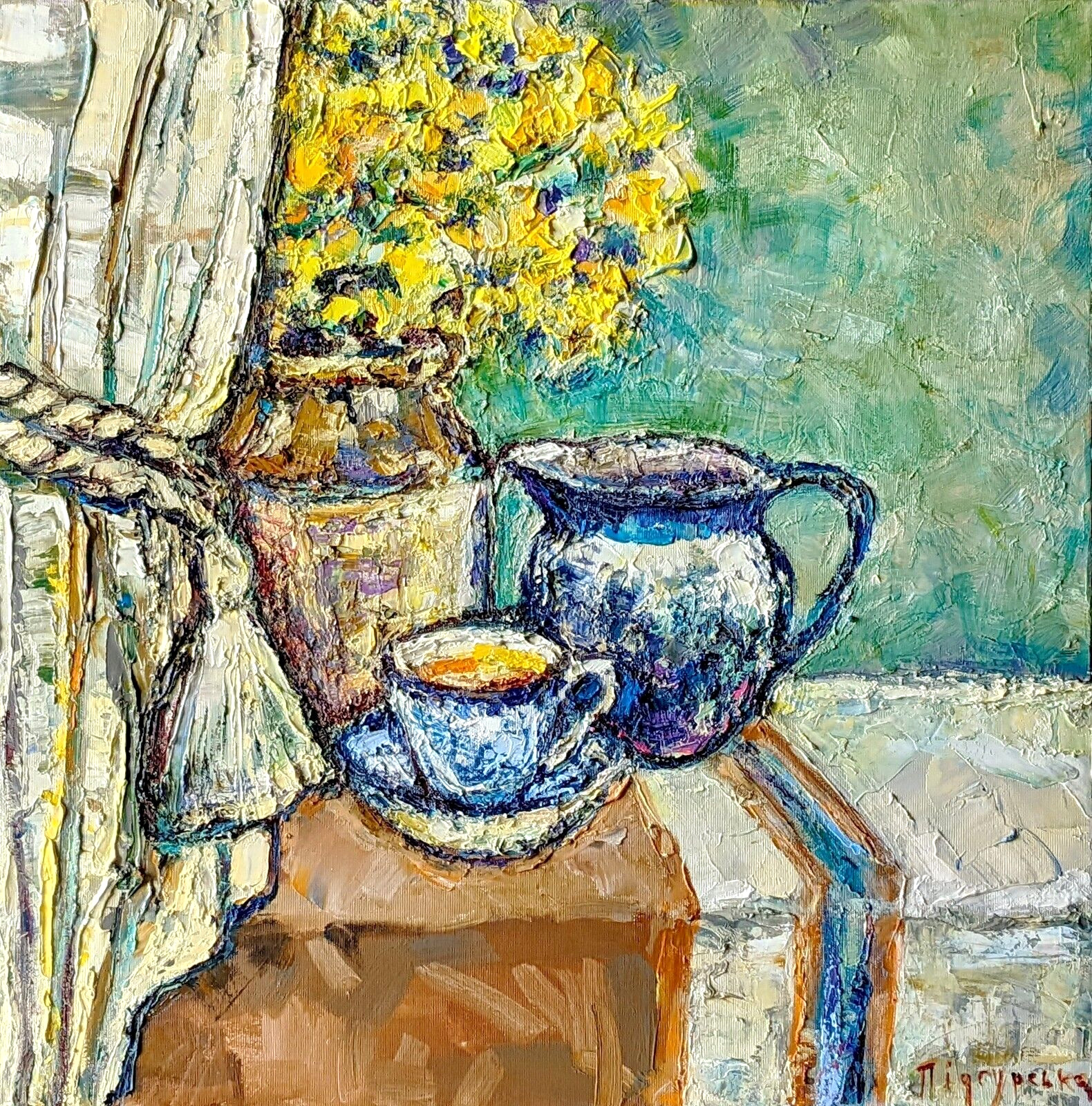 Original Floral Still Life Oil Painting Blue Jug Impasto Canvas Wall Art 20×20″