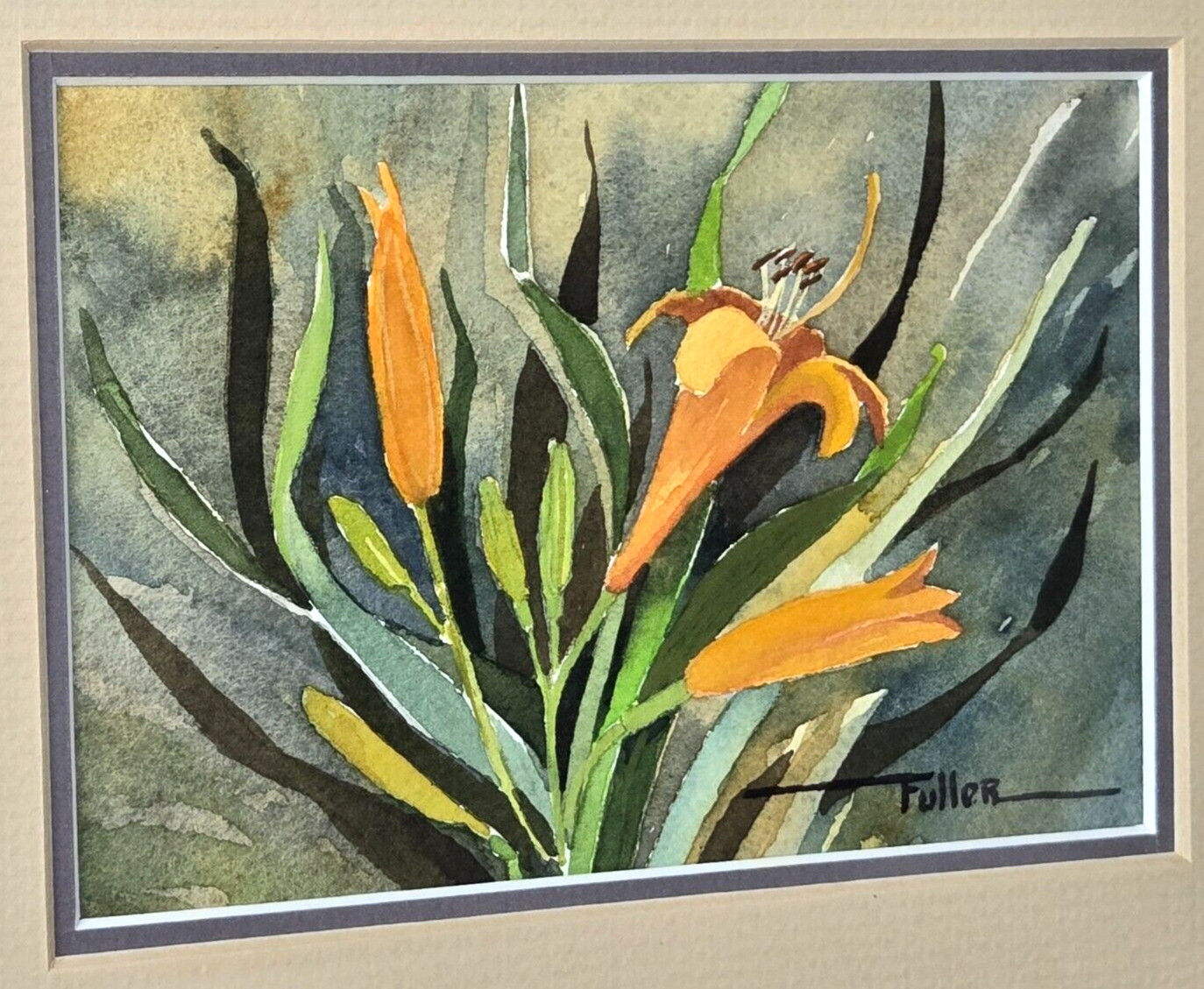 Lu Fuller, Kansas Tiger Lily still life original watercolor painting framed