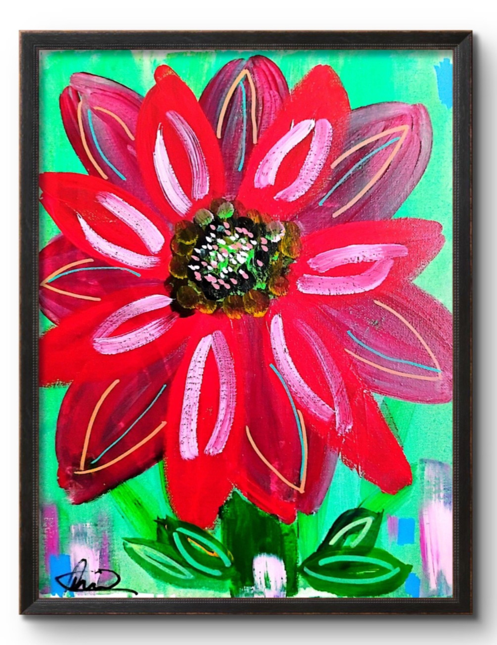 Original art 14 X 11 CANVAS Colorful Red Flower Modern Art Acrylic Painting