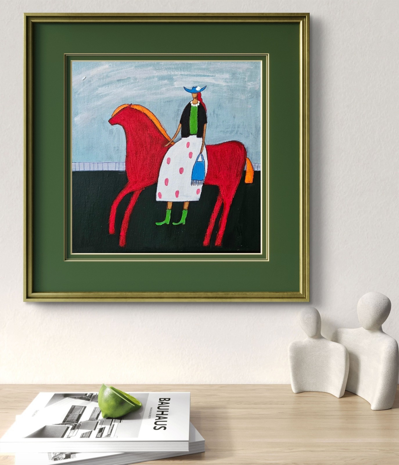 Folk Painting Original Woman Horse Portrait Canvas Outsider Whimsical 10×10 Art