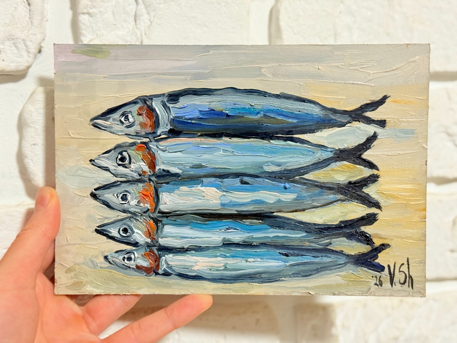 Sardine Original Oil Painting Fish Seafood Art Sardine Still life Kitchen Signed