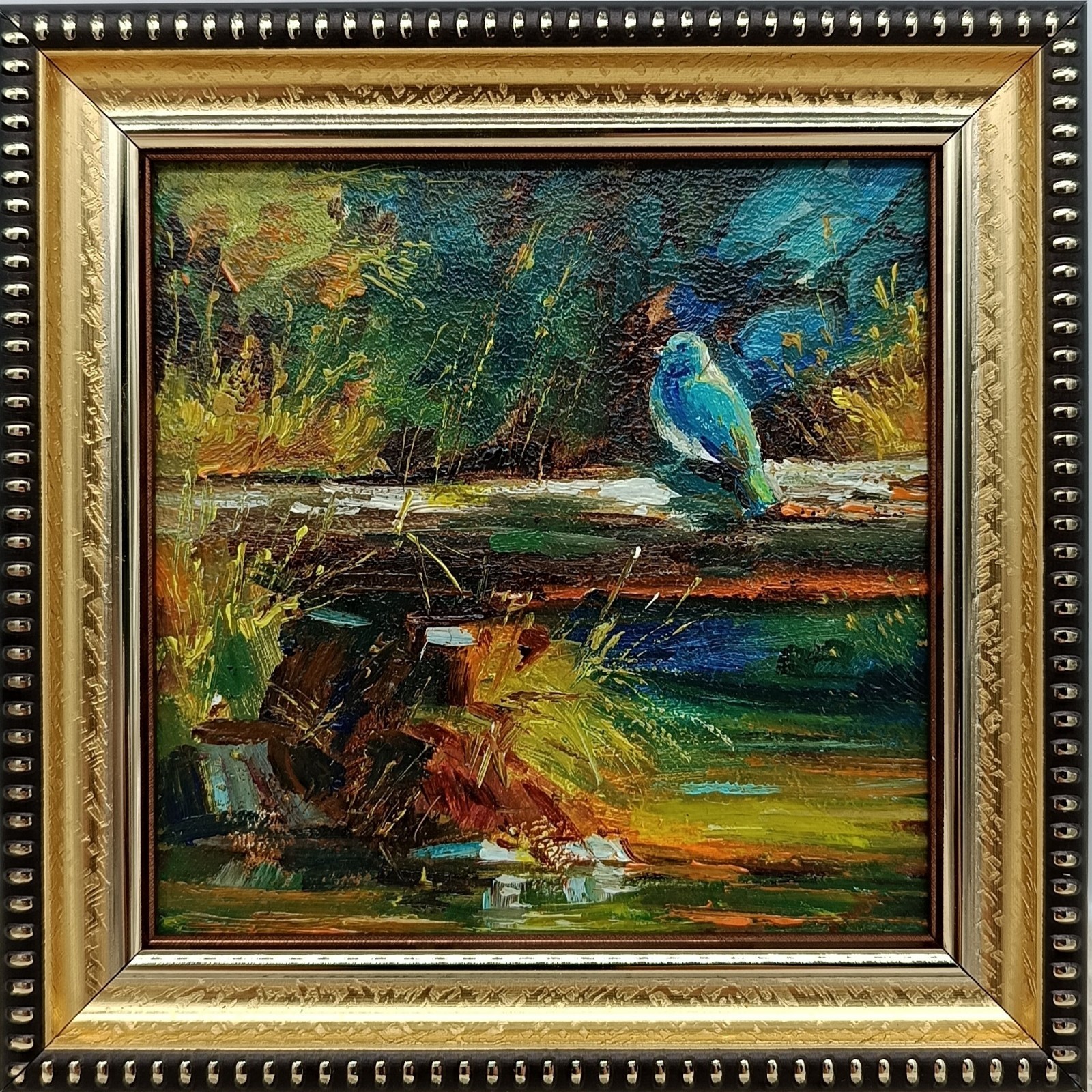 Original Bird Painting Signed 4×4 Gold Inset Frame Bluebird Forest Stream Gift