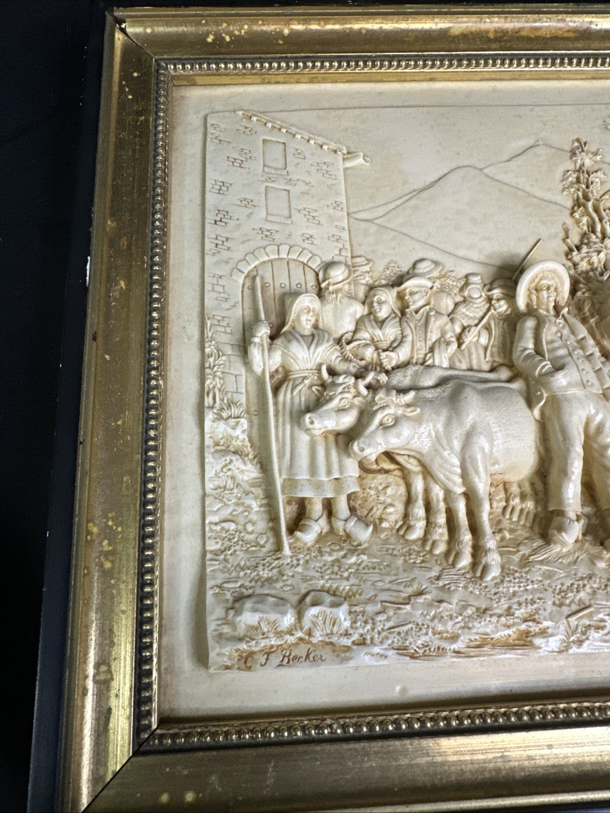 C.F. Becker Ivorene Bas-Relief 1890s Market Square 3D Picture!