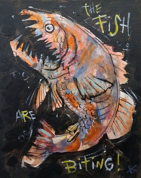 Fish Painting Original Folk Art Outsider Americana Art OOAK Canvas Fishing