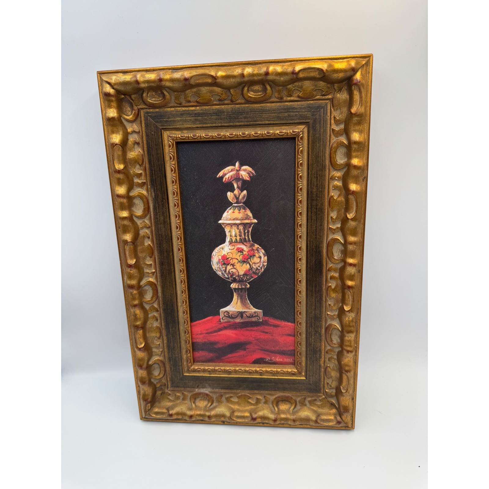 B Sikes Signed Original Oil Painting Porcelain Vase Ornate Gold Gilt Frame 2003