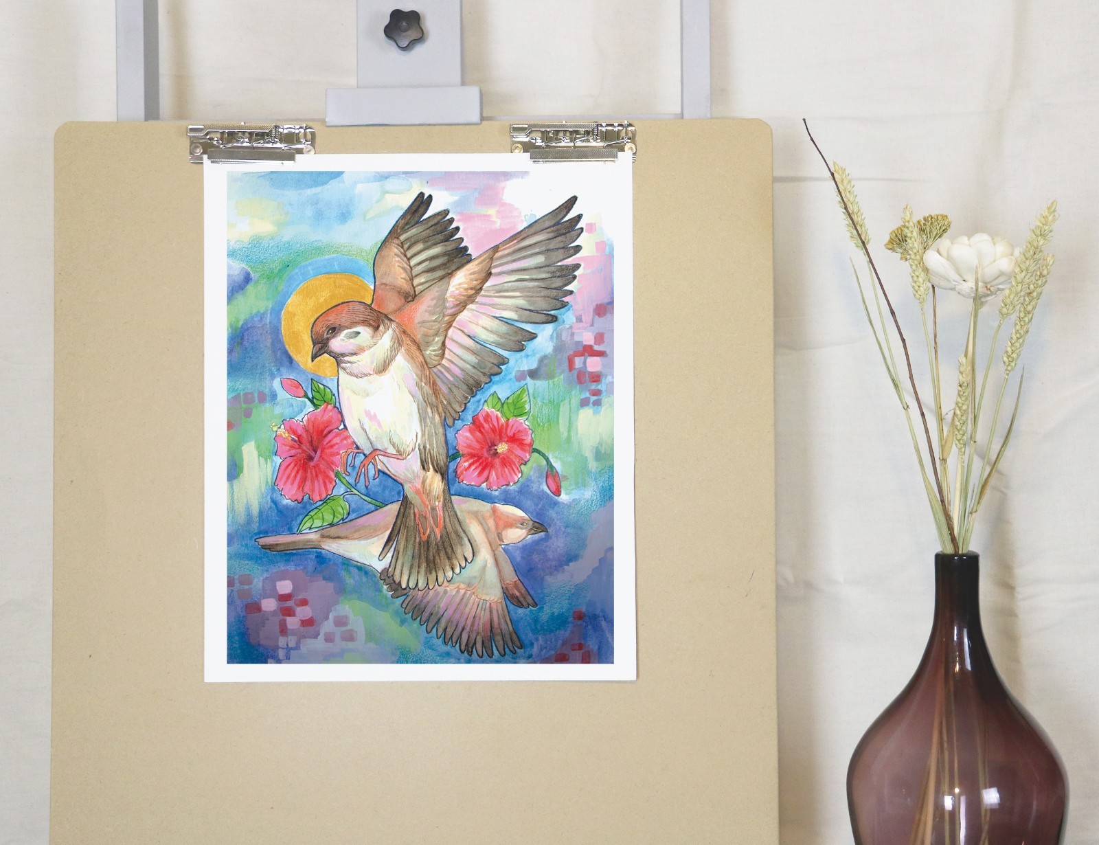 Original Mixed Media Bird Painting 11×14, Colorful Floral Nature Wall Art