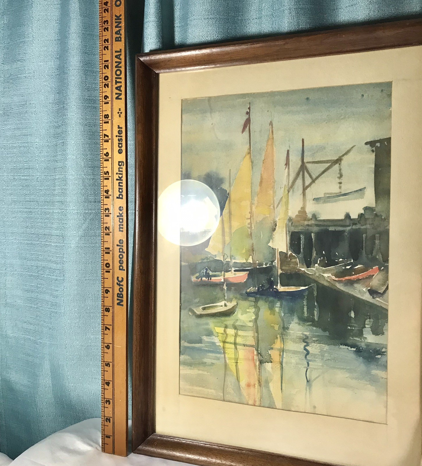 Vintage Framed Watercolor Original Painting Sailboat in Harbor 21×15