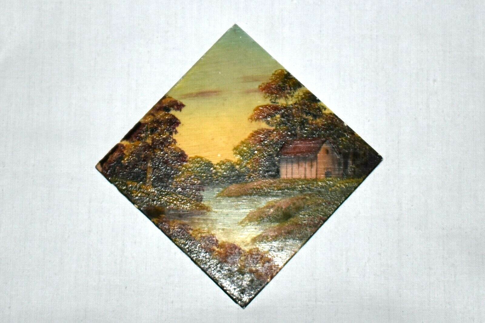 Antique ASTI Oil On Pilkington England Tile Painting Barn Landscaping Scene
