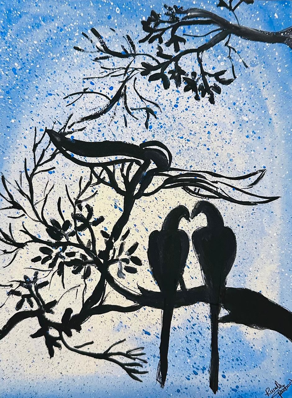 Black Bird Silhouette Tree Branch Love Birds Sky Splatter Original Art Gift New