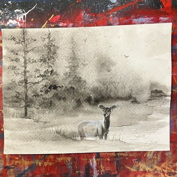 Original Deer Watercolor Painting Forest Misty Landscape Art signed by artist