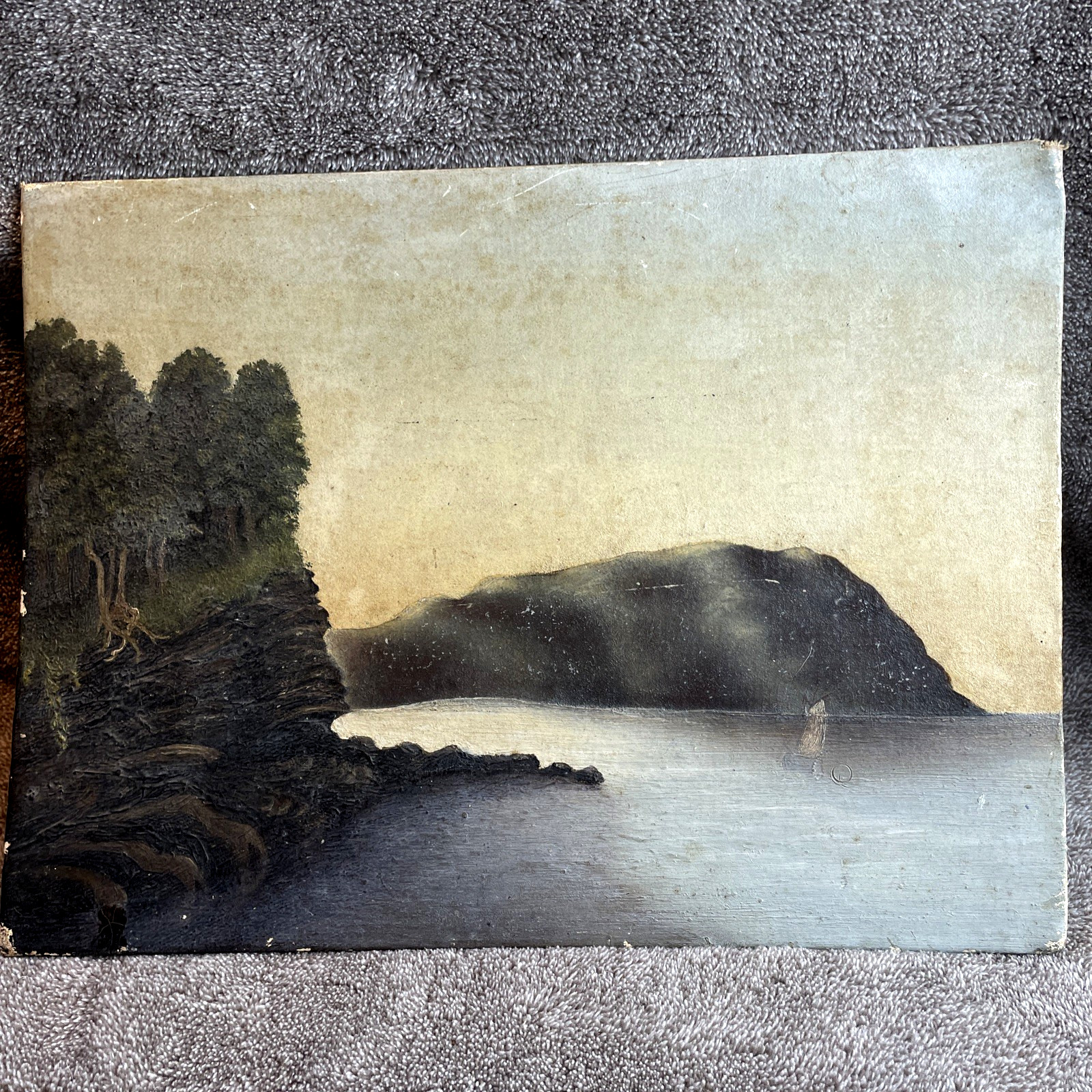 Antique 19thC Tonalist Oil Landscape Painting On Russell’s Canvas Board 1879 Pat