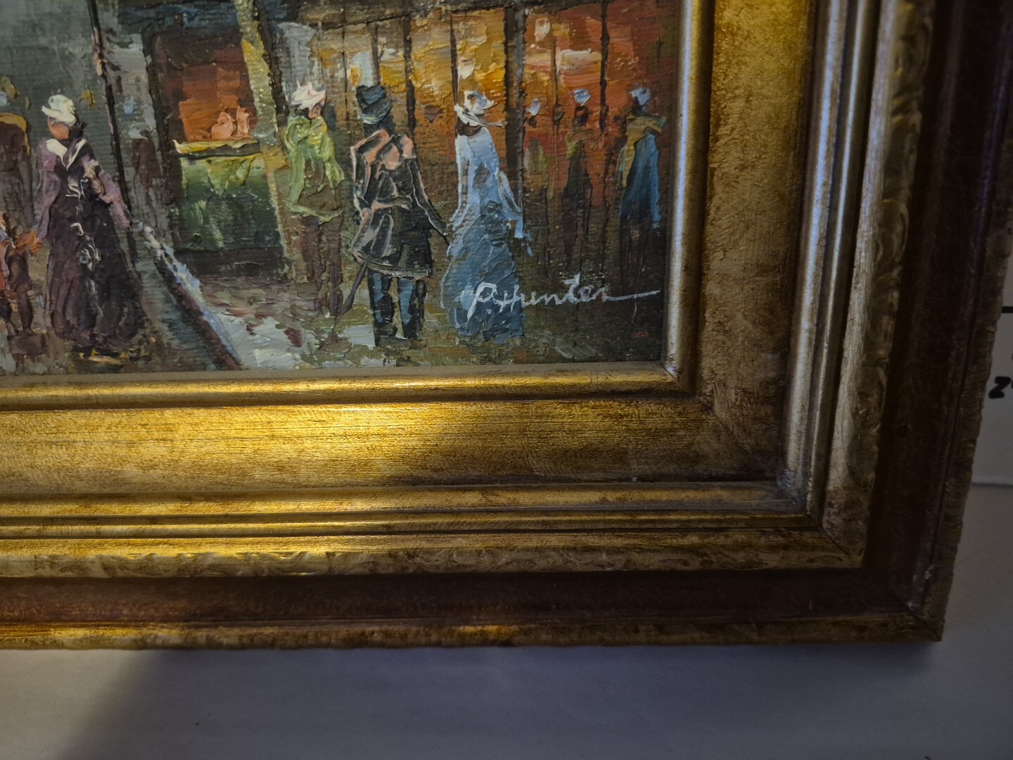 Original Oil Painting P. Hunter Paris Street Scene in Gold frame 15″ X 13.5″
