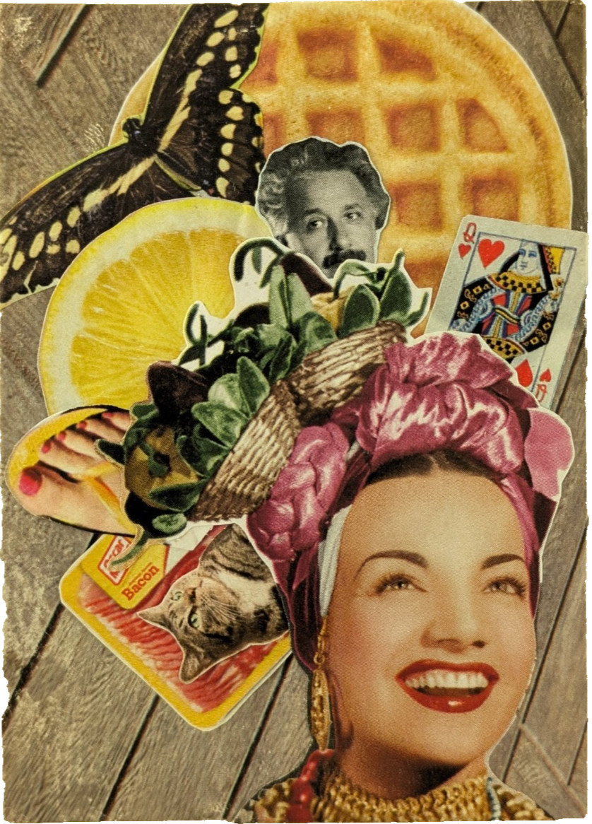 Original ACEO Fun Collage of Carmen Miranda and a Most Unusual Hat! Outsider Art