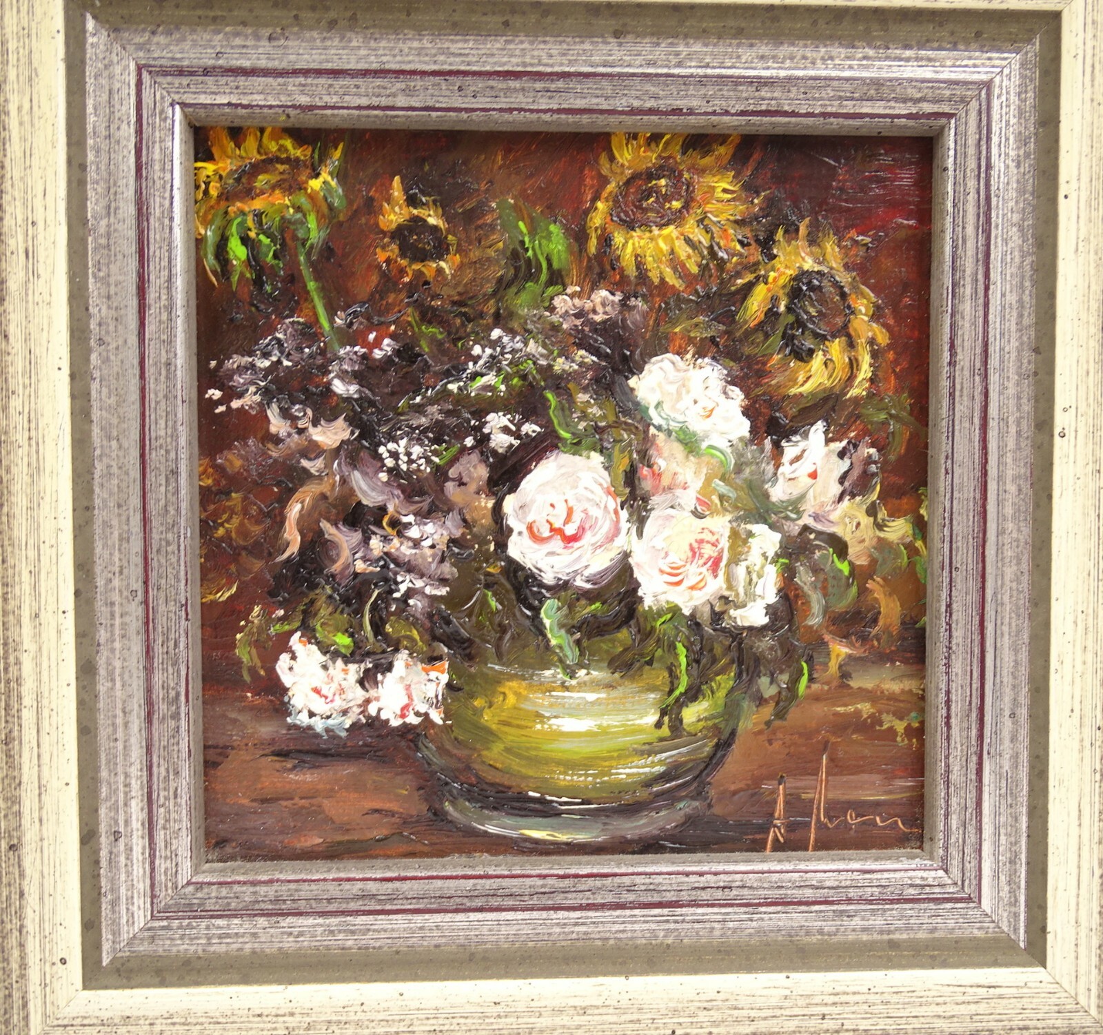 Still Life Bouquet of Flowers Roses in Green Vase Oil on Cardboard Signed Wooden Frame