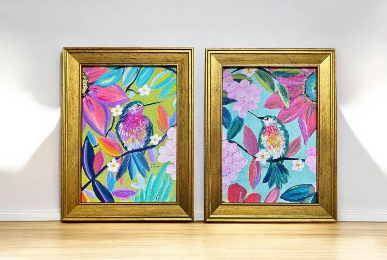 Botanical Hummingbird 5”x 7″ bird print of original painting in gold frame