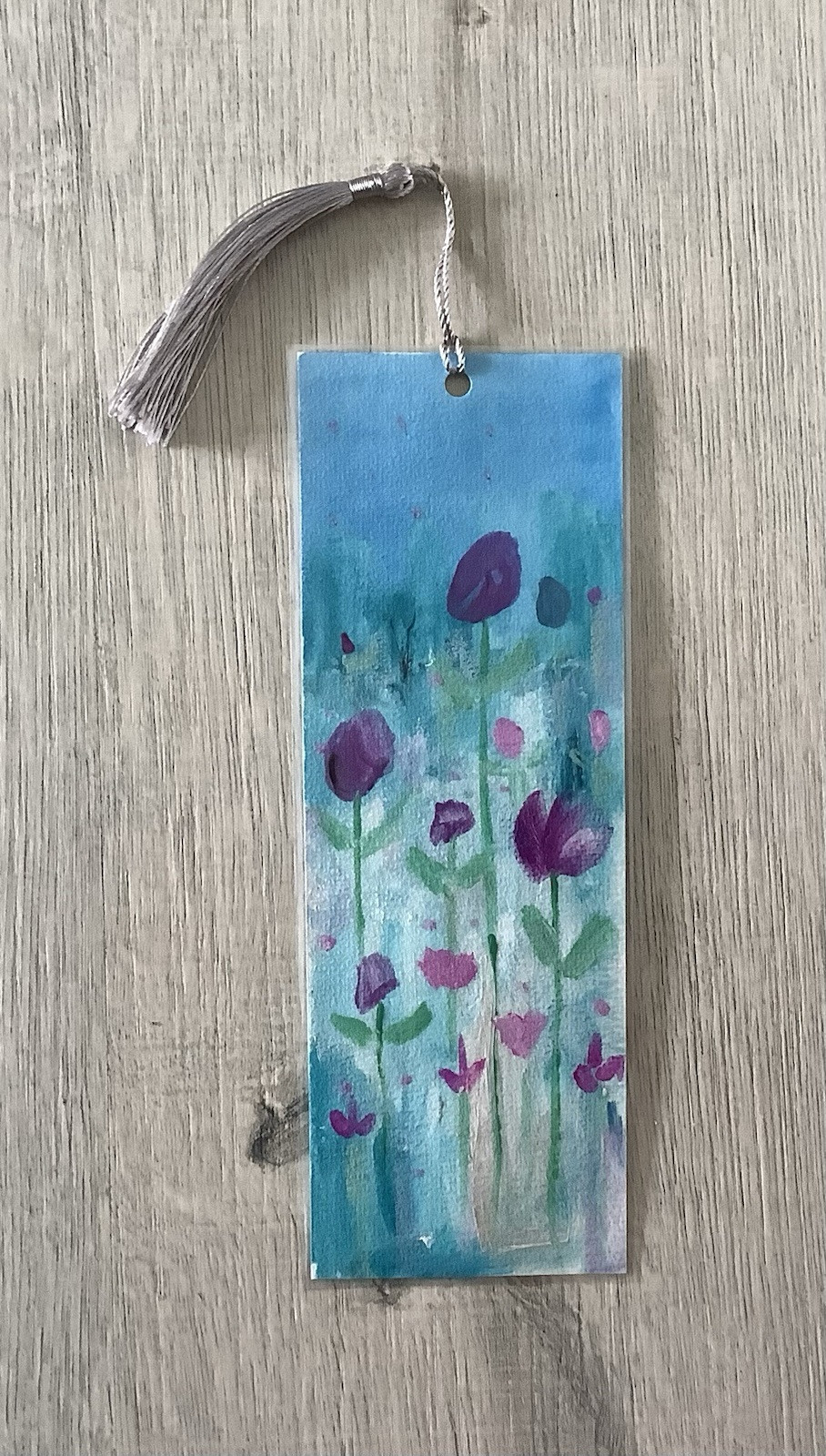 Bookmark Gouache HP Painting Flowers laminated By Kenna + Tassel 7.5cm X 21cm