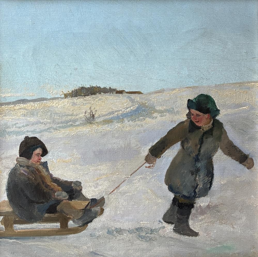Eiler Sørensen (1869) Snowbound Companions. Fine Danish oil painting. COA