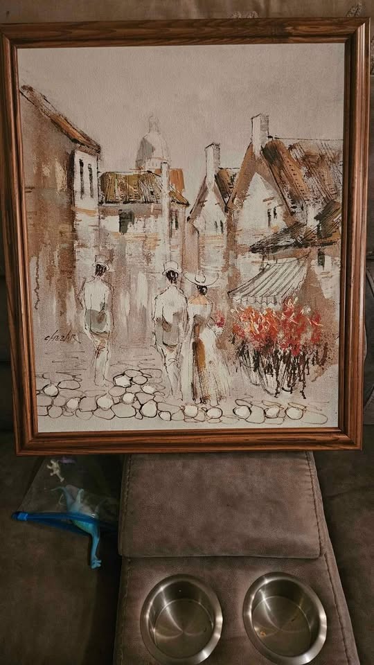 Vintage Boris Chezar (1913-2008) Sand & Oil Painting on Canvas 41″Lx29″H