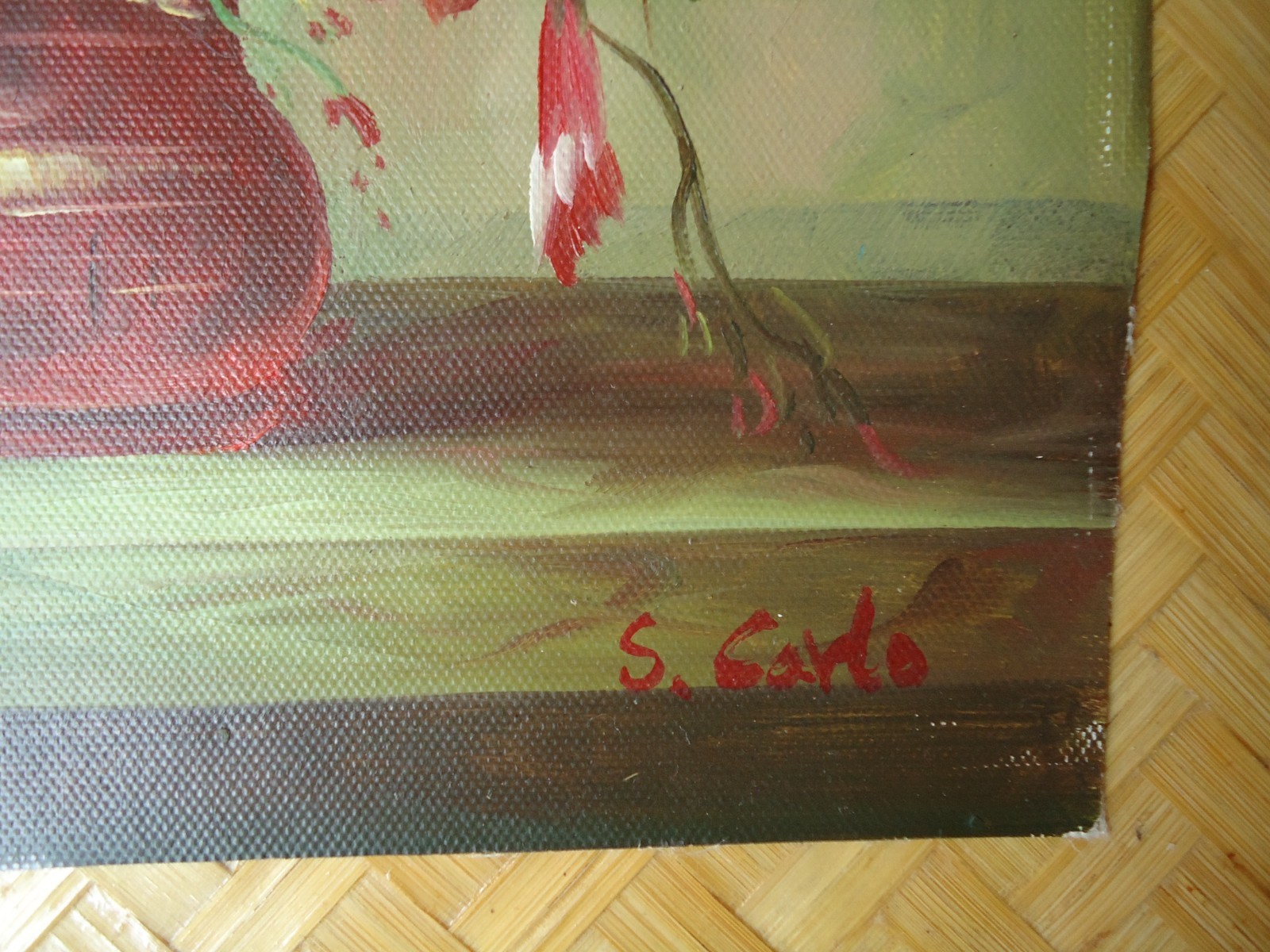 Still Life Painting on Canvas Flower Arrangement in Vase Floral Moody Burgundy