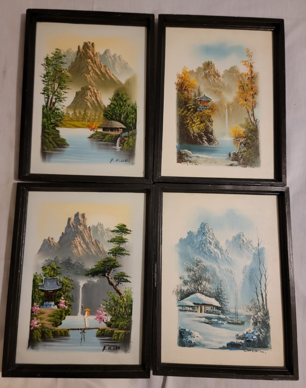Set of 4 Seasons Vintage Framed Original Oil Stretched Canvas Landscapes