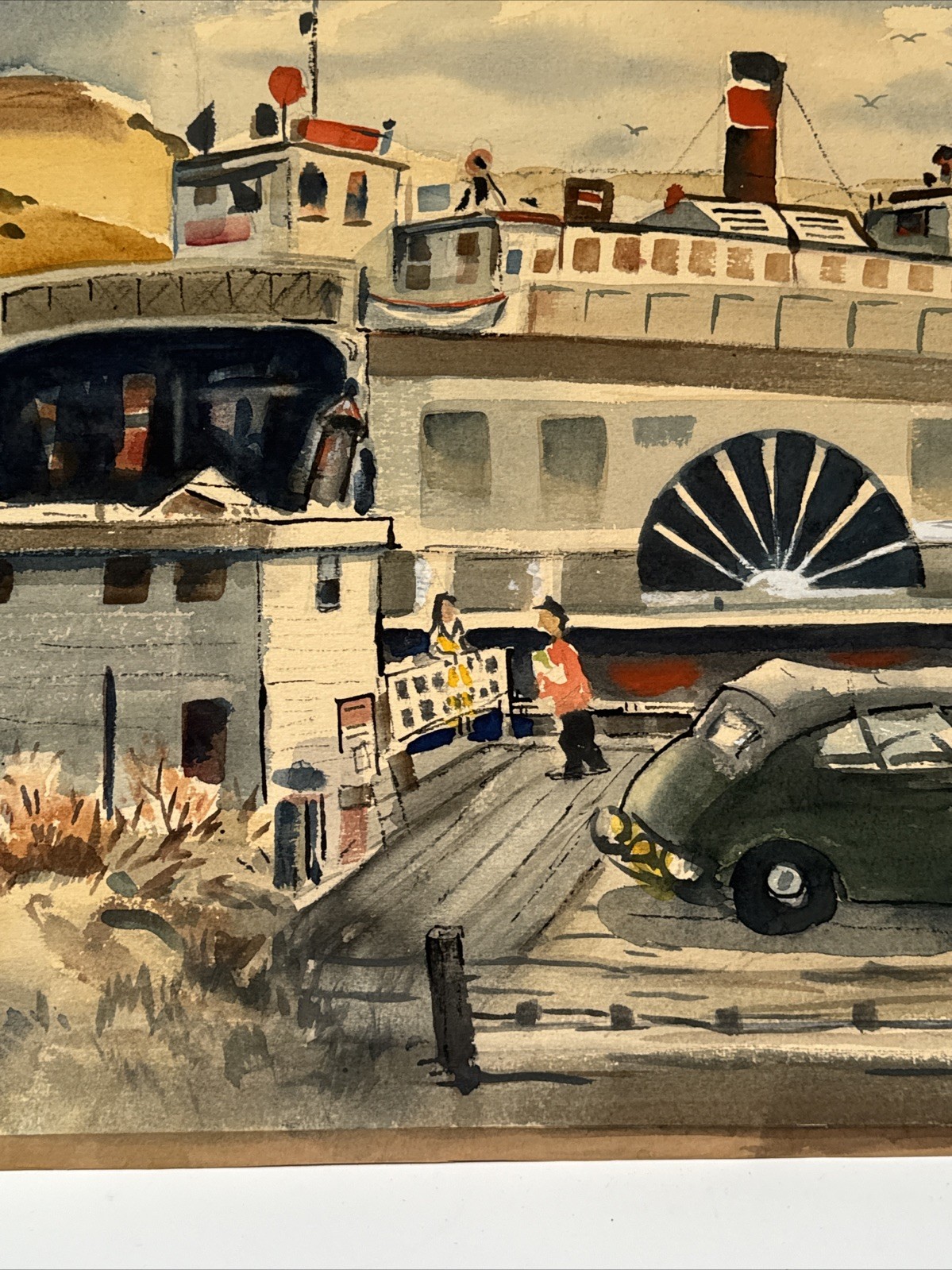 California Regionalist Painting Ferry Boat Dock Classic Car Landscape Vintage