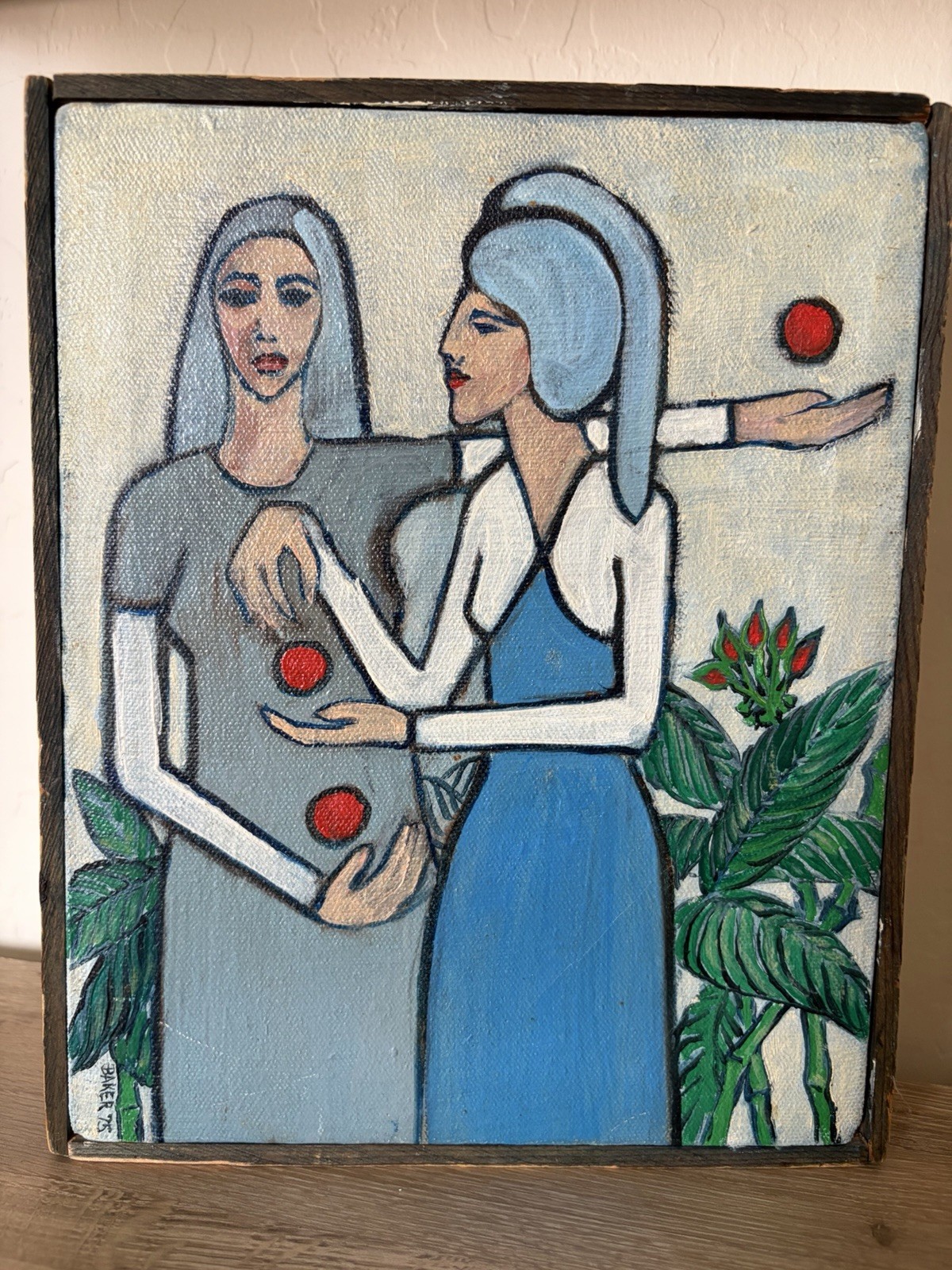VTG Original 1975 Folk Art Painting Signed Baker Naïve Outsider Women Surreal