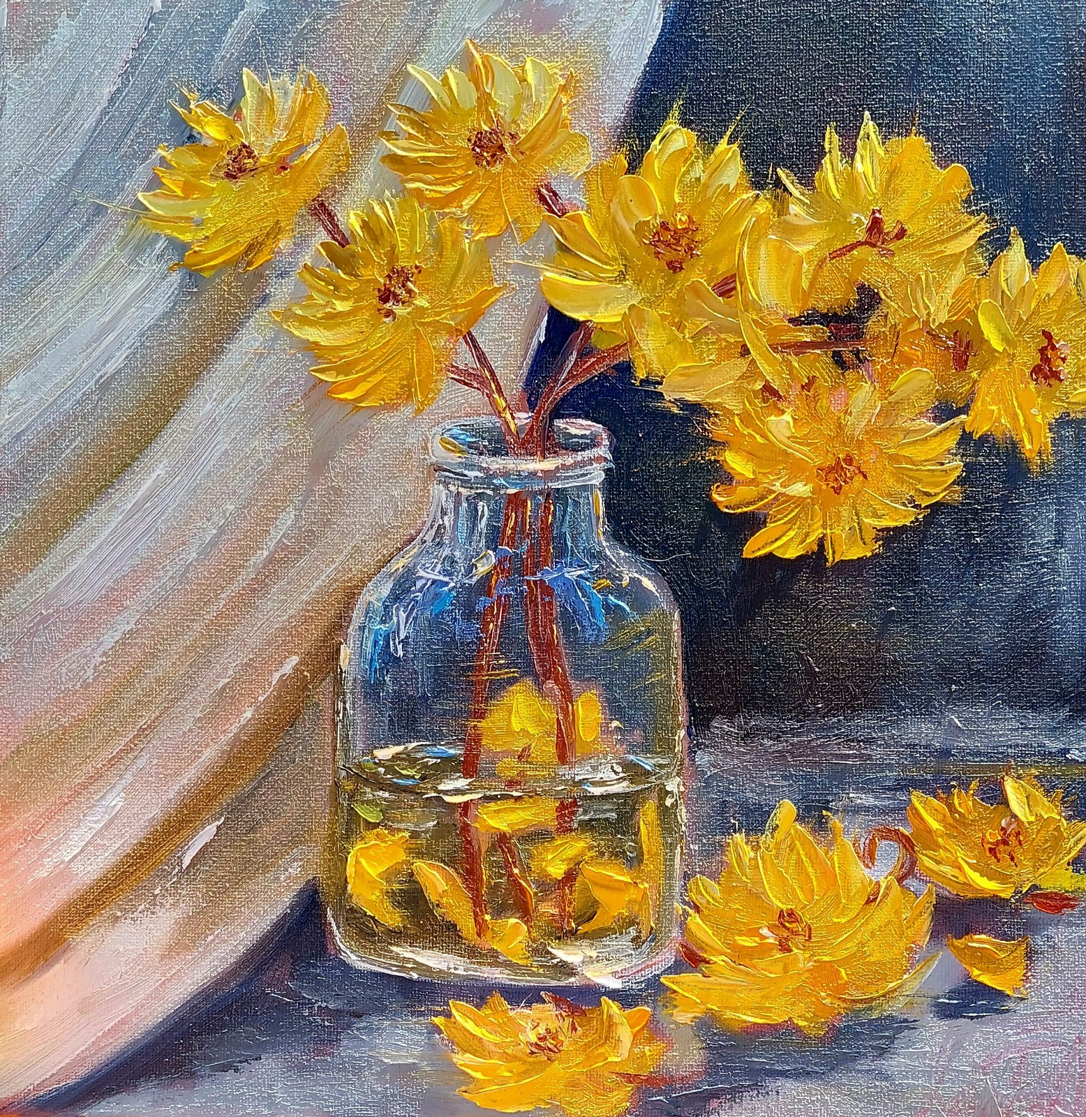 Oil original painting on canvas size 12×12 inches Yellow flowers