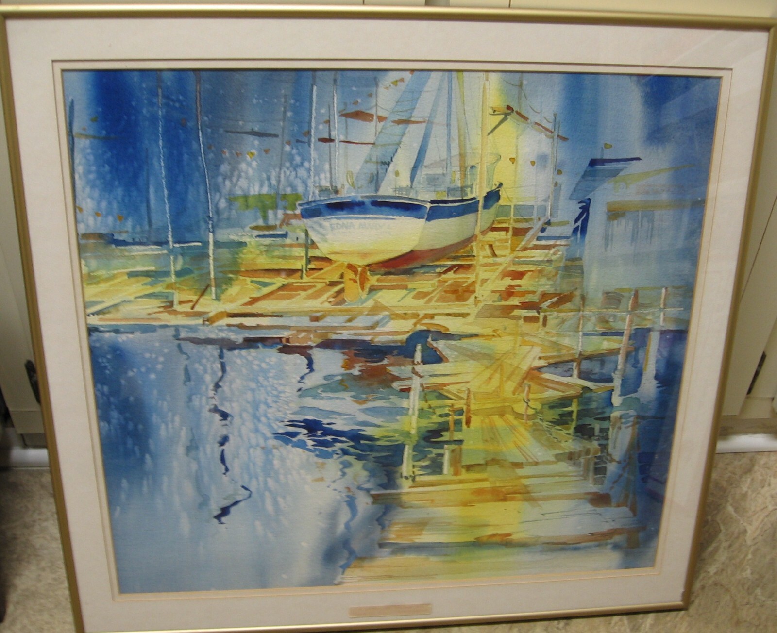 1980 Marge Brichler Watercolor Painting Signed-Dry Dock, framed matted, 25.8″