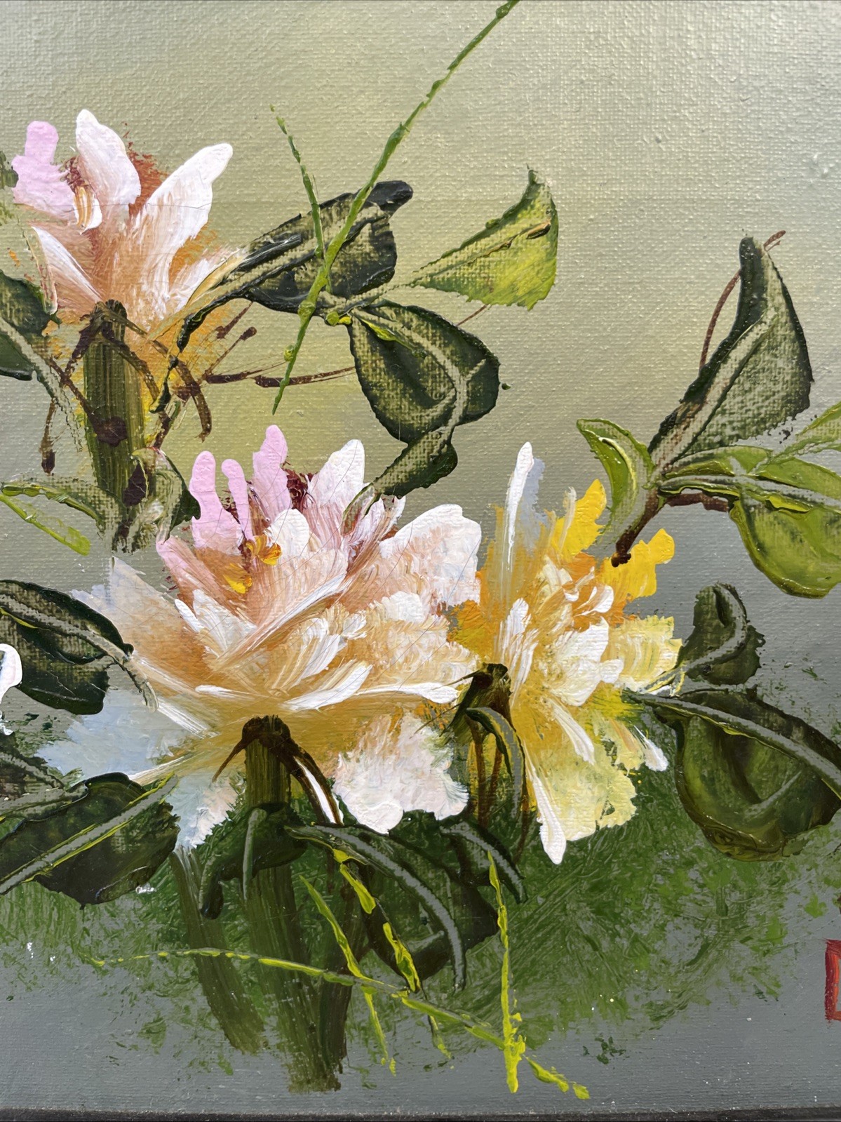 Japanese Floral Oil Painting Art On Canvas, Framed, Signed 11.5” x 9.25”
