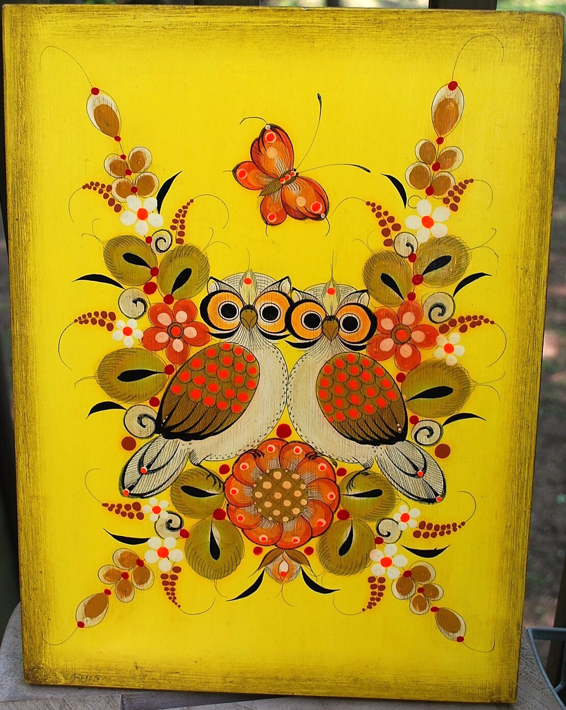 TONALA MEXICO OWLS & YELLOW FLORAL Original Oil Painting On Board Signed REYES