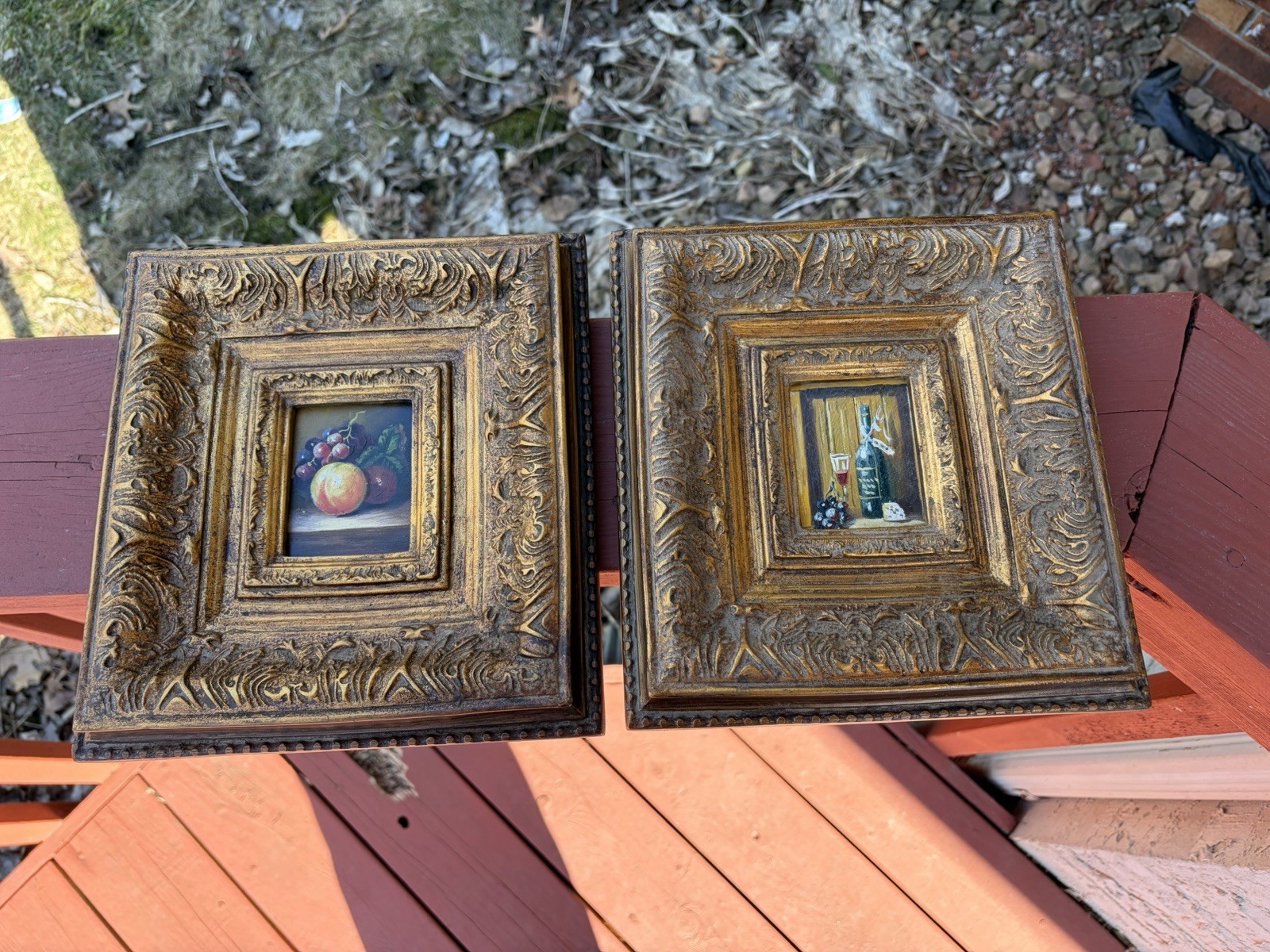 Original still life oil on board pair of paintings French gold gilt frame wine