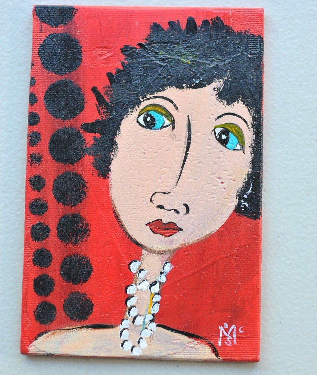 ART ooak original Painting 4×6 diva lady fashion whimsical red necklace Z