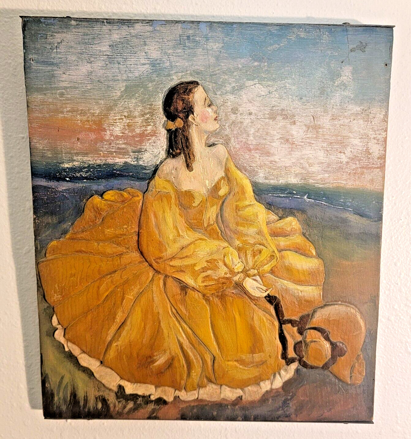 Vintage Beautiful Woman Folk Art 3D Relief Wooden Hand Carved Crate Painting