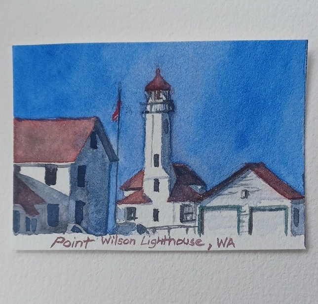 ACEO Point Wilson Lighthouse WA Original Watercolor Signed OOAK Unframed