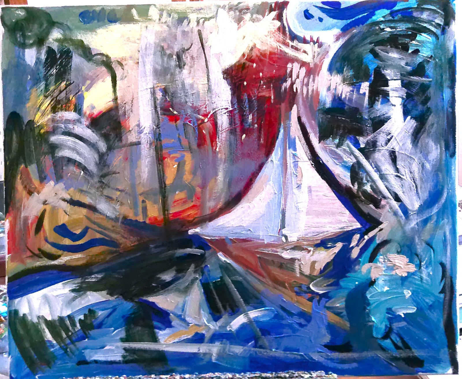 Abstract Surrealism Nautical Harbor Cityscape 24″x20″ Canvas Painting Original